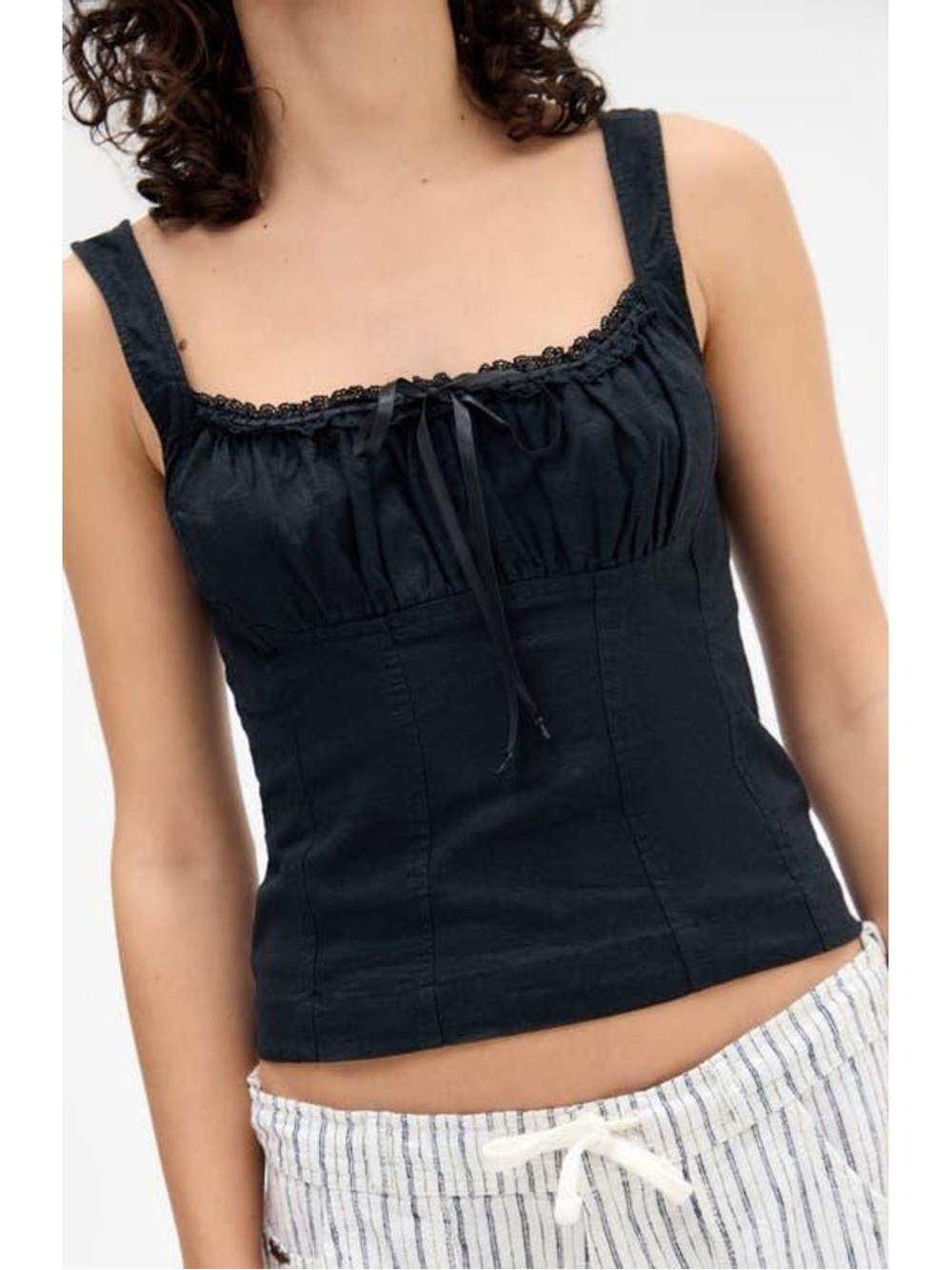 BDG Prairie Linen cami top cropped bow tie front corset sweetheart neckline tank